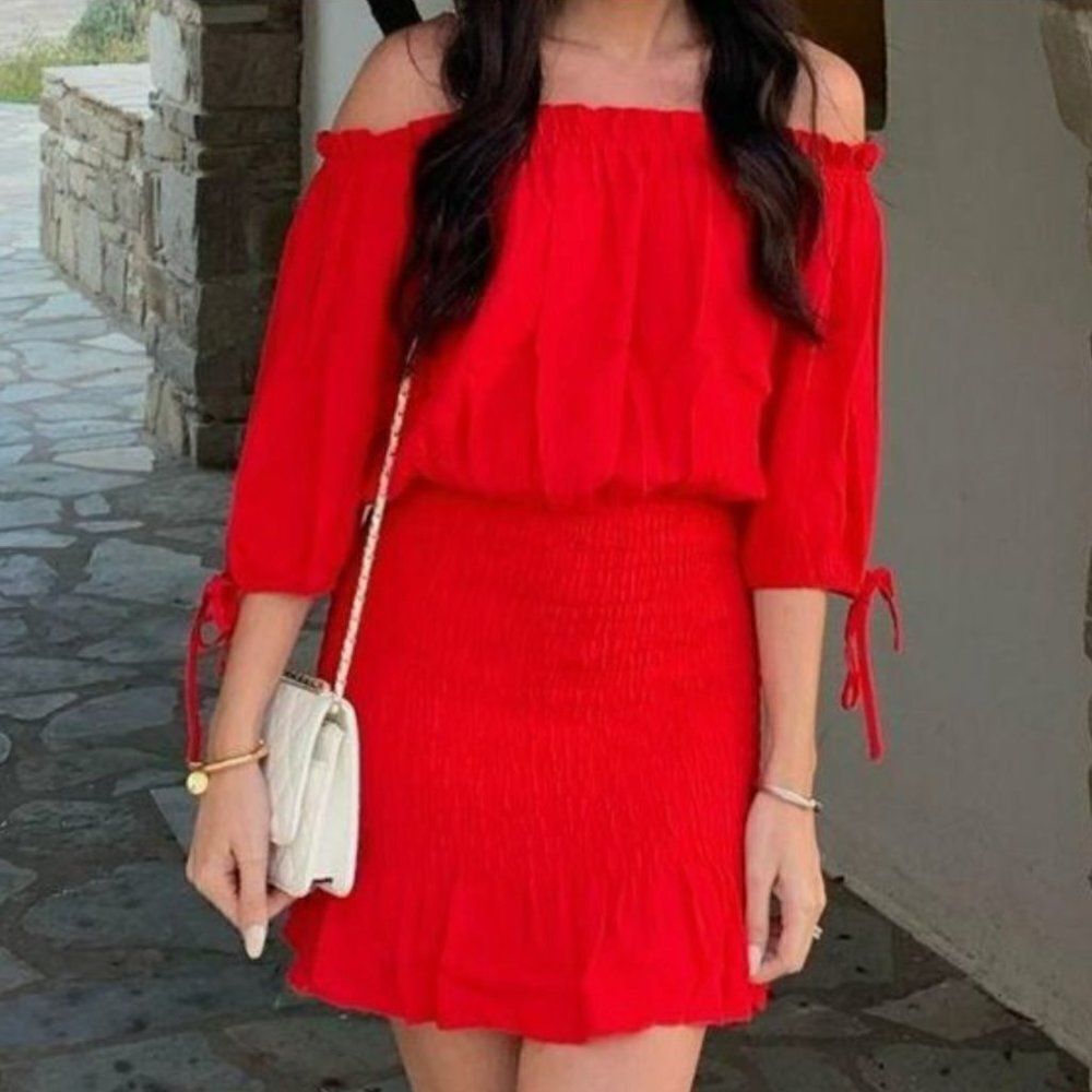 Nic & Jo Red Off-Shoulder Smocked Skirt Dress Size Small